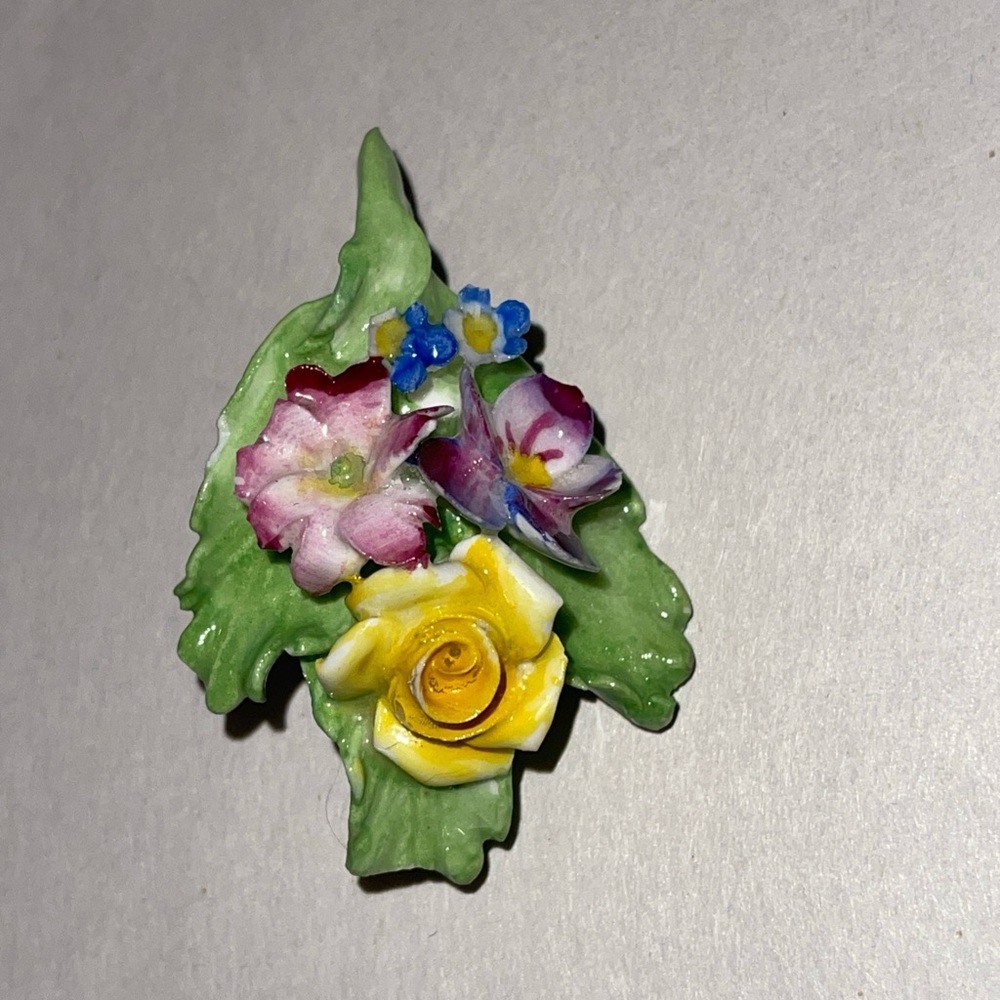 Denton China Floral Porcelain Brooch with Yellow and Pink Flowers